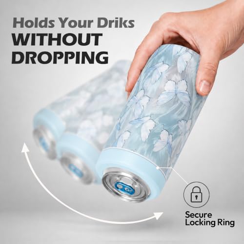 Image of 4-in-1 Slim Can Cooler Easy to Hold Insulated Beer Can Holder Double-Walled Stainless Steel for All 12 Oz Cans Blue Butterfly