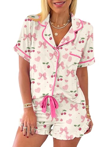 Image of KevaMolly Women Novelty Knotted Candy Cane Christmas Pajama Set | Christmas Floral Bow Print PJ Set, Button Lapel Knotted Drawstring Shorts with Convenient Side Pockets