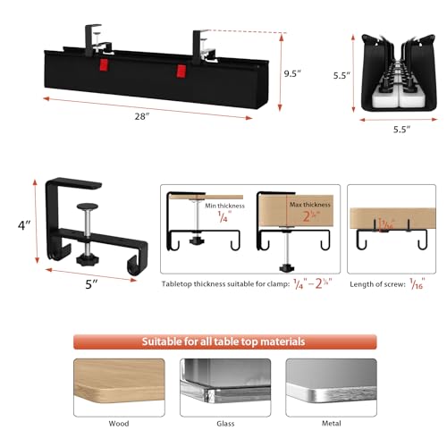 Image of Univivi No Drill Under Desk Cable Management Tray, 28 inch Cord Organizer for Table, Clamp /Screw Mount Desk Cable Management, Premium Fabric Cable Management Tray for Office, Home