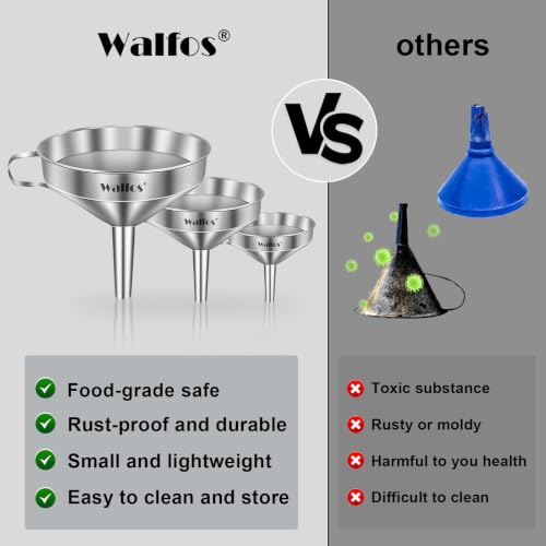 Image of Stainless Steel Funnel, Walfos 3 Pack Kitchen Funnel with 2 Removable Strainer ia€ 1Pcs Cleaning Brush, Perfect for Transferring of Liquid, Oils, Jam, Dry Ingredients & Powder