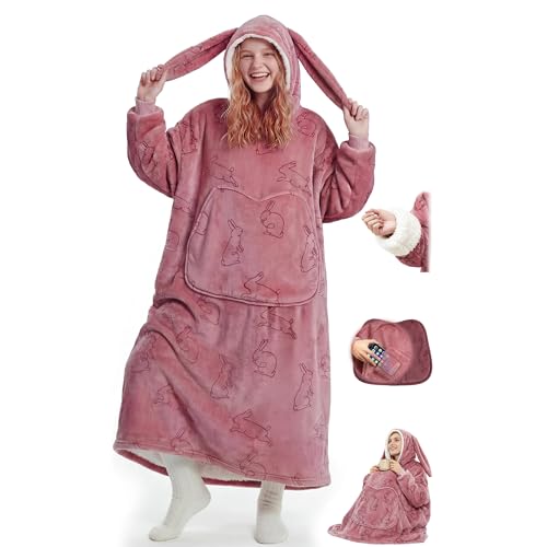 Mewaii Tragbare Decke mit Kapuze und Ärmeln,Kuscheldecke mit Handschuhen Weiche Flanell Sherpa Decke für Damen und Herren Ideal für Zuhause Reisen und Tierliebhaber - Hängeohrkaninchen
