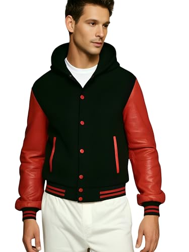 Image of Deckra Men's Varsity Jacket Genuine Leather Sleeve and Wool Blend Letterman Boys College Varsity Jackets XS-5XL