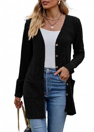 MSIYOW Gilet Femme Manche Longue Cardigan Long Femme pour l'Automne avec Boutons Poche (M, Noir)