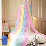 🌈【Traumhafte Atmosphäre】- Das betthimmel mädchen himmelbett mit buntem Regenbogen-Design verwandelt Ihr Schlafzimmer oder Outdoor-Bereich in eine zauberhafte Oase. Kinder und Erwachsene werden begeistert sein, jede Nacht unter dem schimmernden Himmel einzuschlafen und schönste Träume zu genießen