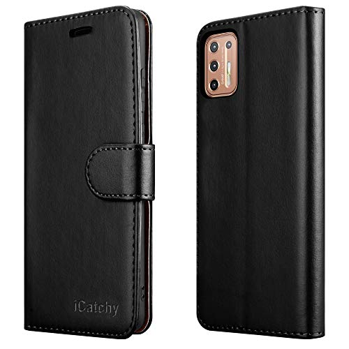 iCatchy For Moto G9 Plus Case Leather Wallet Book Flip Folio Stand View Cover Pouch for Moto G9 Plus (Black)