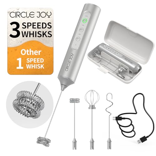 Image of CIRCLE JOY Rechargeable Handheld Milk Frother Wand with 3 Variable Speeds, 3 Whisks and Storage Box, Electric Drink Mixer for Latte, Cappuccino, Hot Chocolate, Eggs and Protein Powder, Silver