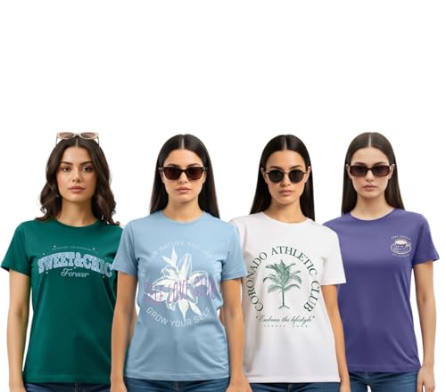 Image of Cotton Blend Regular Fit Half Sleeve Printed Round Neck Multicolor Drop Shoulder T-Shirt for Womens & Girls (Pack of 4)