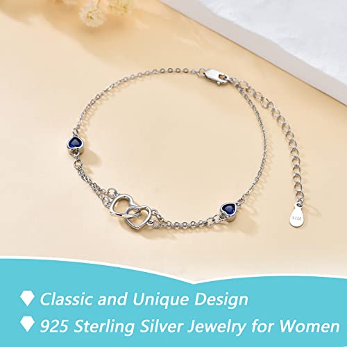 Blue Anklet For Women 925 Sterling Silver Anklets Double Heart Anklets Sapphire Summer Jewelry Birthstone Beach Foot Anklet Vocation Wedding Gifts For Bride Girl Teen (With Gift Box) #TOP4