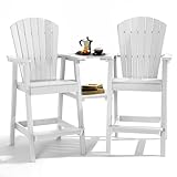 PASAMIC Tall Adirondack Chair Set of 2, All-Weather HDPE Outdoor Chairs with Removable Double Trays, Bar Height Adirondack Chairs for Balcony, Deck, Patio, Backyard, White
