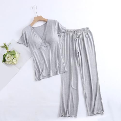 JiXiang Women Pajamas Sets Short Sleeve Built in Bra Shirts Pants 2 Piece PJs Outfits Lightweight Soft Sleepwear Loungewear - image 2
