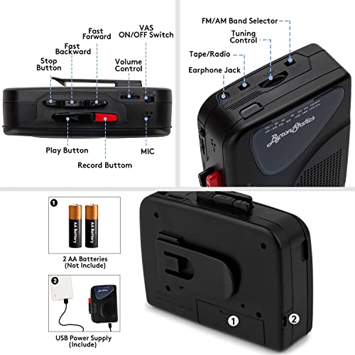 ByronStatics Portable Cassette Players Recorders FM AM Radio Walkman Tape Built In Mic External Speakers Manual Record VAS Automatic Stop System 2AA Battery Or USB Power Supply Headphone Black - Thumbnail 6