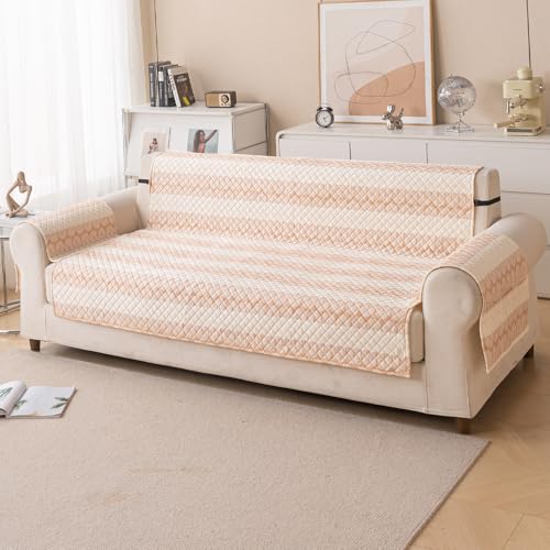 House of Quirk Quilted Printed Sofa Cover for Indian Sofa Set – Washable, Durable & Soft Fabric Protector (Beige Loop, Three Seater)