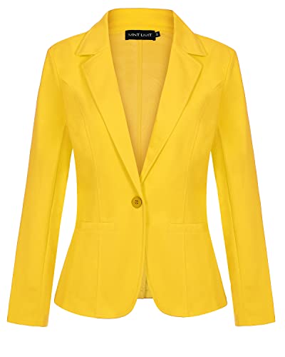 MINTLIMIT Women Long Sleeve Blazer Lightweight Button Front Business Jacket Blazers Notched Lapel Slim Work Office Coat with Pockets (Yellow #2, Size Large)