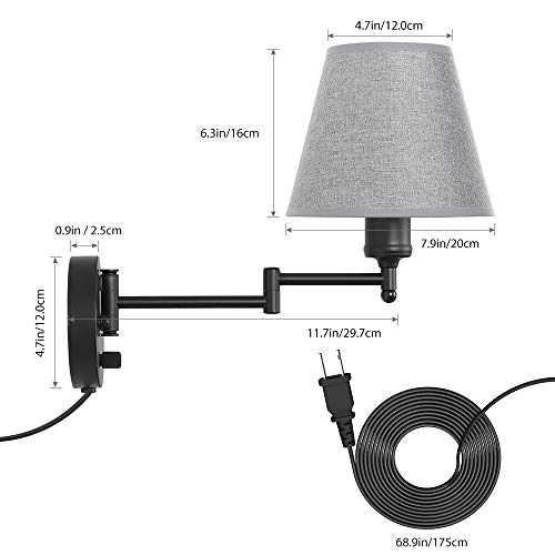 Caduke Plug In Wall Light Set Of 2, Dimmable Wall Sconce, Swing Arm Wall Fixture With Gray Linen Lampshade, Modern Bedroom Wall Lights Fixtures,Bedside Reading Lamp #TOP4