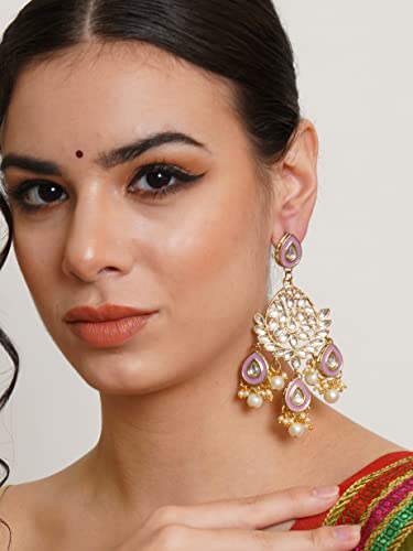 Image of Karatcart Gold Plated Pink Meena Lotus Design Kundan Dangler Earrings for Women (color may slightly vary due to photographic effect)