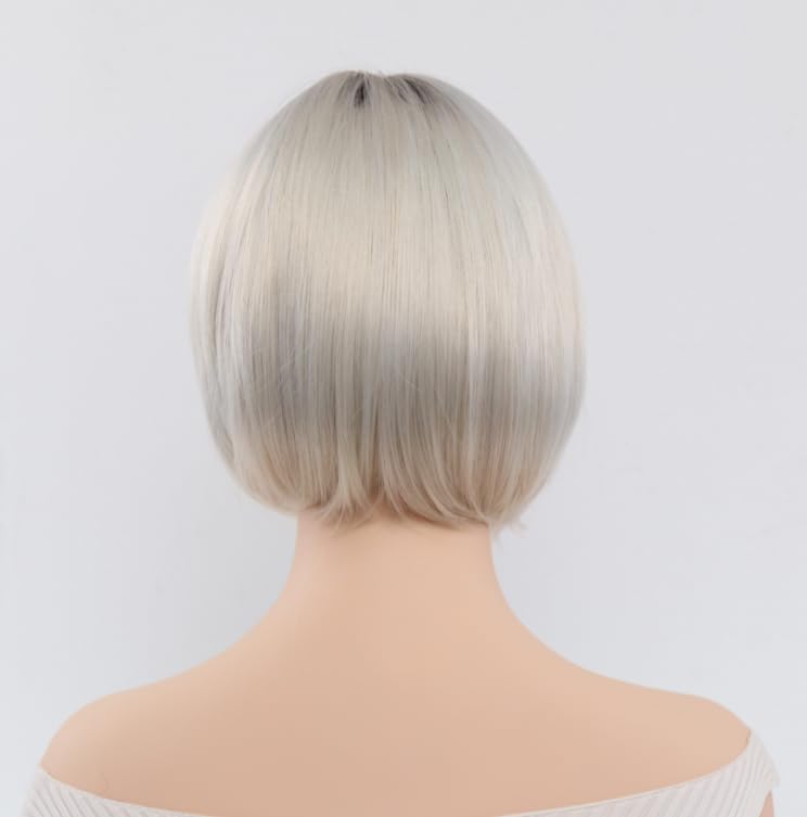 Image of Short for white Blonde Bob Wig with Bangs for Women & Men - Ombre Blonde to Dark Roots Layered Straight Synthetic Hair Wig with Natural Chin Length, Rose Net for Daily & Party Use (Silver)