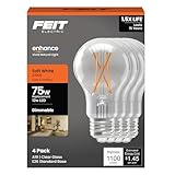 Feit Electric A19 LED Light Bulb, 75W Equivalent, 1100 Lumens, 2700K Soft White, Dimmable, Clear Glass, E26 Base, General Purpose LED Light Bulbs, 17,000-Hour Lifespan, A1975CL927CA/FIL4/GB, 4 Pack