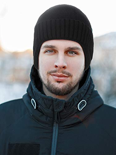 2 Pieces Men Knit Earflap Hat Stocking Caps With Ear Warmers Thick Fleece Winter Beanie Hat With Ear Covers For Outdoor Sports Black, Light Gray #TOP5