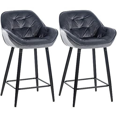 CLP Set De 2 Taburetes De Bar Gibson 76 En Terciopelo I Sillas Altas De Cocina con Reposapiés & Base Metálica, Color:Gris Oscuro