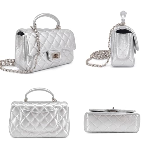 Small Quilted Crossbody Bags for Women, Genuine Leather Shoulder Bag w/Gold Chain Strap, Mini Top Handle Flap Purse3