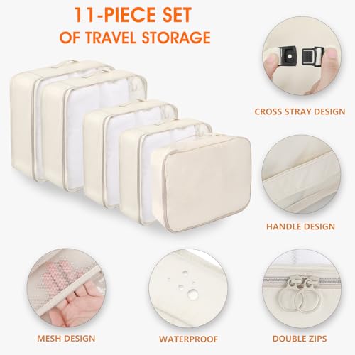 WECUTE Koffer Organizer Set, 11-Teilige Packing Cubes Set, Wasserdichte Reise Kleidertaschen,Koffer Organizer für Urlaub und Reisen, Packwürfel Set Reise Würfel (Khaki)