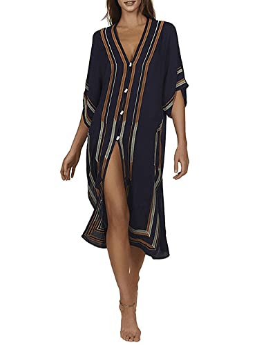 FSMO Damen Strandkleid Bikini Cover Up Strandponcho Lang Kaftan Strand Vertuschen Shirt Freizeitkleid Maxikleid (Einheitsgröße, Dunkelblau) Cover