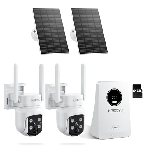 KCSNYO Solar Powered Security Cameras Wireless Outdoor, 4MP Cameras, 2 Cam kit with Color Night Vision, 360° PTZ, with 64G SD Local Recording, No Monthly Fees