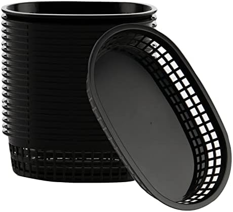 NINGWAAN Set of 24 Black Plastic Fast Food Baskets, Oval Serving Restaurant Service Baskets for Bread, Deli Serving, Hot Dog, Fruit, Sandwich and Fry, 10.7 x 7 Inch (NINGWAAN-22071302)