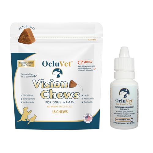 OcluVet Bundle Eye Supplements for Dogs & Cats | Vision Chews with Omega-3 for All Ages - Includes 15 Chicken Liver Flavored Chews & Pet Eye Drops, 16 mL | Antioxidants & 2% NAC for Cataracts