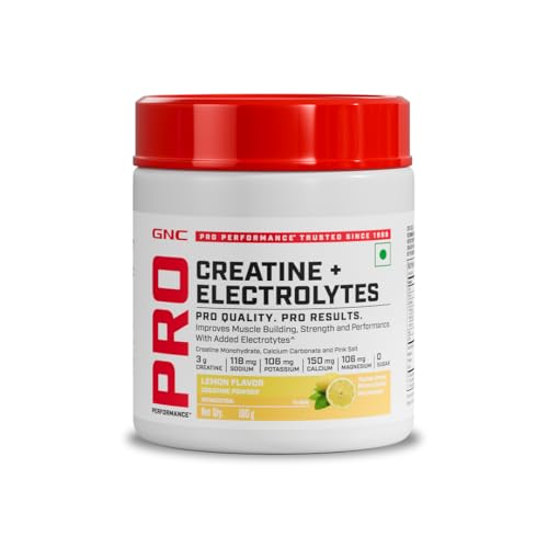 Image of GNC Creatine+ Electrolytes | 3g Creatine Monohydrate + Sodium, Potassium, Calcium, Magnesium | Boosts Muscle Growth, Hydration, Energy & Recovery | Zero Sugar | 100% Veg | 100g | Lemon