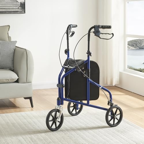 Panana Lightweight Folding Rollator 4 Wheels Rollator Mobility Walker with Padded Seat Lockable Brake and Carry Bag (20cm 3 Wheels Blue)