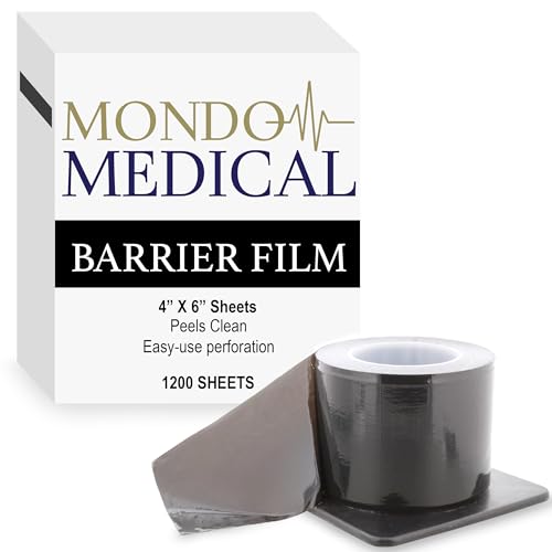 Mondo Medical Universal 4x6in Skin Barrier Film Tattoo Tape Roll 1200 Sheets - No String Black Dental Tape Dispenser Box