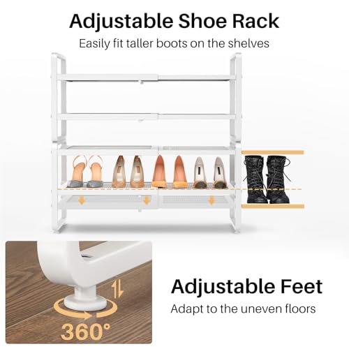 Image of SNTD Shoe Rack - Expandable Shoe Organizer for Closet, Adjustable Metal Shoe Shelf Storage, Stackable Long Shoe Stand Holder for Garage, Entryway, Door Entrance (White, 4-Tier)