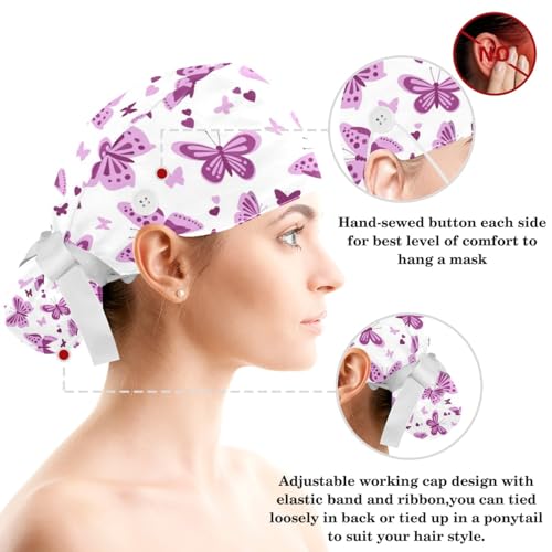 Image of Colored Butterflies Scrub Caps Women, Adjustable Working Cap with Button, Surgical Caps with Bow Hair Scrunchy
