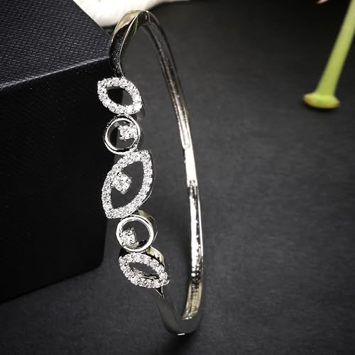 Image of ZENEME Rhodium Plated Silver Toned American Diamond Studded Grace Line Kada Bracelet For Women