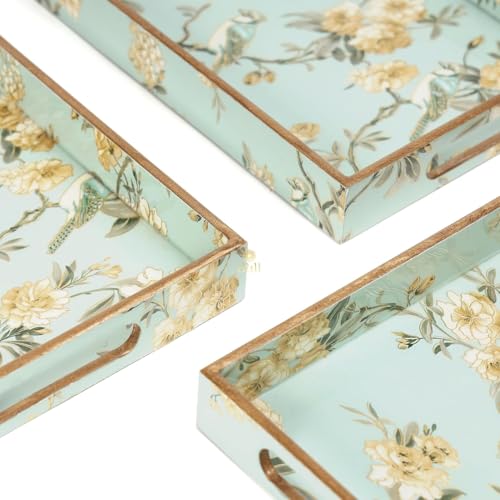 Image of Set of 3 Waterproof Wooden Trays - Modern Birds Design with Floral & Tree Artwork, Serving Tray Set | Tray Set| MDF Serving Trays (16x10, 14x8, 12x6 Inches)(Setof3WP- AquaGoldBird)