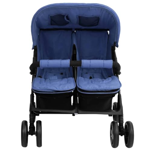 Cochecito gemelar azul marino de acero cómodo para 2 niños de hasta 15 kg, plegable con protección UV, cesta, 80 x 96 x 104 cm, cochecito combinado con capazo ideal para paseos
