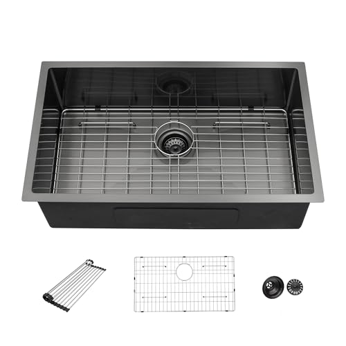 Fregadero de cocina negro de 32 pulgadas – Beslend 32 x 19 x 10 pulgadas acero inoxidable plomizo negro mate calibre 16 profundo tazón de cocina fregadero lavabo