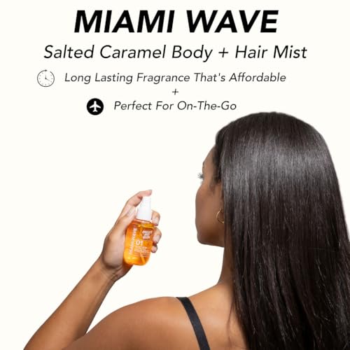 Image of HOLLER AND GLOW Miami Wave Salted Caramel Body & Hair Mist, Body Spray For Women, Hair Perfume For Women, Sweet Coconut, Vanilla Scented, Warm & Sweet, Travel Sized, 3.38 Fl Oz