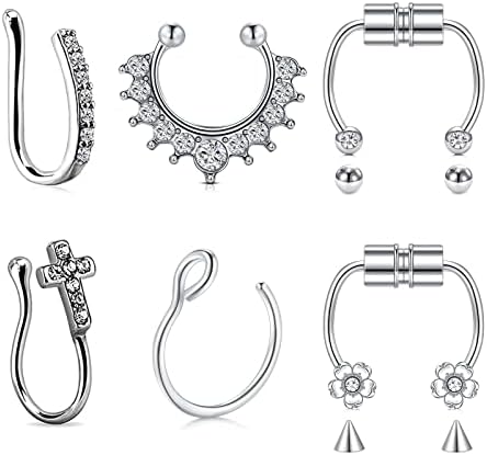 JFORYOU 6-10 Pieces 316L Steel Nose Ring Nose Hoop Fake Nose Ring Piercing Body Jewelry, 3-6 Colors, 8mm