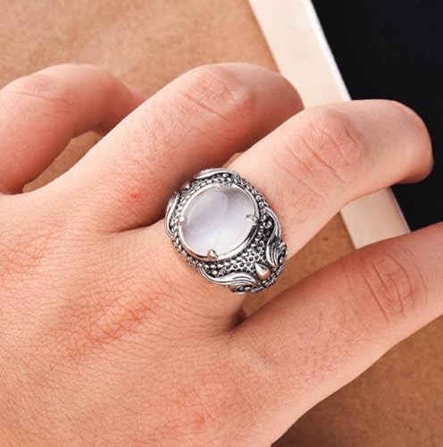 Gixaxak Natural Moonstone 925 Silver Man Ring Moonstone Ring Sterling Silver for Men Rainbow Moonstone Ring Minimalist Band Ring Dainty Trendy Vintage Stainless Steel Opal Ring for Men(Size 8)