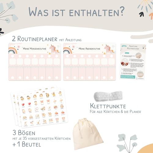 Routine Planer Kinder für Morgenroutine und Abendroutine - Routineplaner, Tagesplan Kinder mit Klett-Punkten und 105 Symbolkärtchen, Montessori Planer, Routinehilfe zum Umklappen (Einhorn)