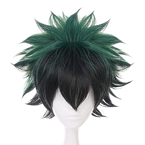 IMEYLE Peruca de anime de cor verde, peruca de cabelo ondulado curto com franja, cabelo sintético de