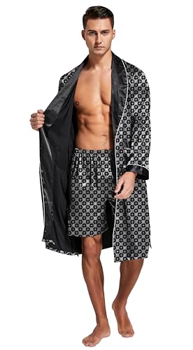 Image of TONY AND CANDICE Men's Satin Robe Lightweight Long Sleeve Silk Kimono Bathrobe with Shorts Set Sleepwear