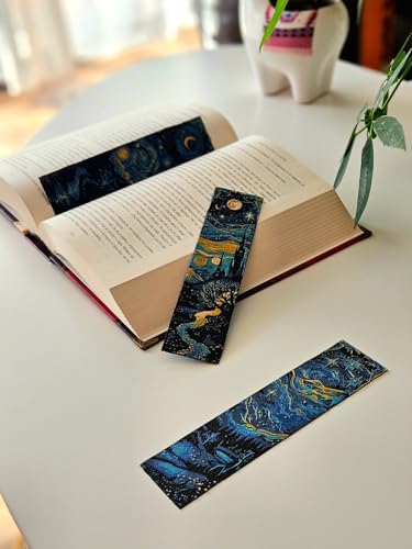 Image of Set of 3 Premium Bookmarks | Great Wave Hokusai Art Inspired, Anime Inspired & Koi Fish | Elegant Frame with Tassel | Perfect Gift for Readers & Collectors | Eco-Friendly Bioplastic (Starry Nights)