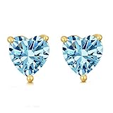 14K Real Gold Heart Stud Earrings for Women Girls,Yellow Gold Love Heart Earrings with Simulated Blu