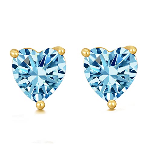 14K Real Gold Heart Stud Earrings For Women Girls,Yellow Gold Love Heart Earrings With Simulated Blue Topaz Post Piercing Jewelry Gifts For Birthday Christmas (14K Gold-Yellow) #TOP19