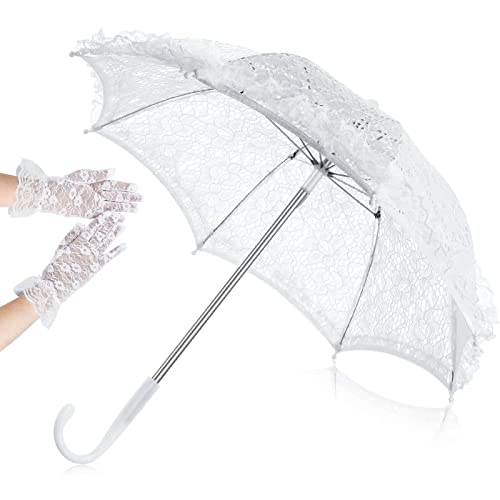 Saintrygo White Lace Parasol Umbrella Wedding Bridal Flowers Embroidery Umbrella Vintage Romantic Umbrella With Floral Lace Wrist Gloves For Women Wedding Party Photo Props Lady Costume Accessory #TOP29