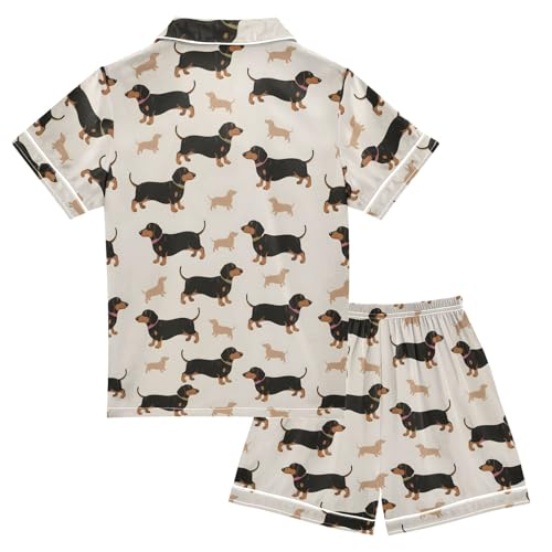 Black Dachshund Pattern Summer Satin Pajama Set, Cute Button-Down Sleepwear Pj Set for Sleep Wears2