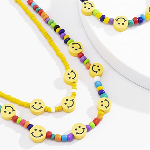 Dreuyet Boho Smiley Layered Beaded Pearl Strand Necklaces For Women Girls Rainbow Colour Star Fruits Flowers Heart Smile Face Happy Beads Pearl Stackable Collar Necklace Handmade Summer Beach Jewelry Gift (Layered Set) #TOP5